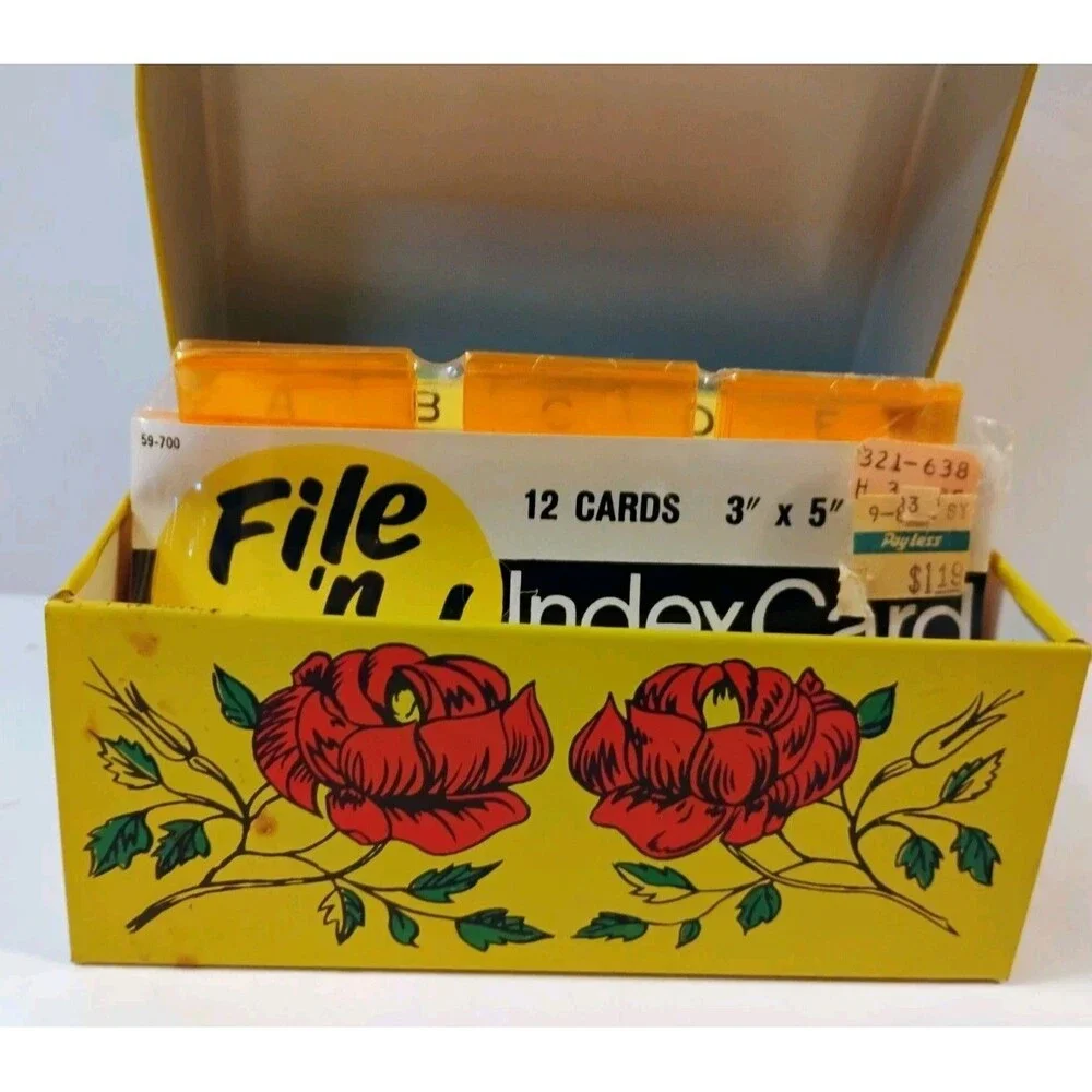 Vintage Grey Gardens Yellow Tin Recipe Box with New File n Find Index Cards